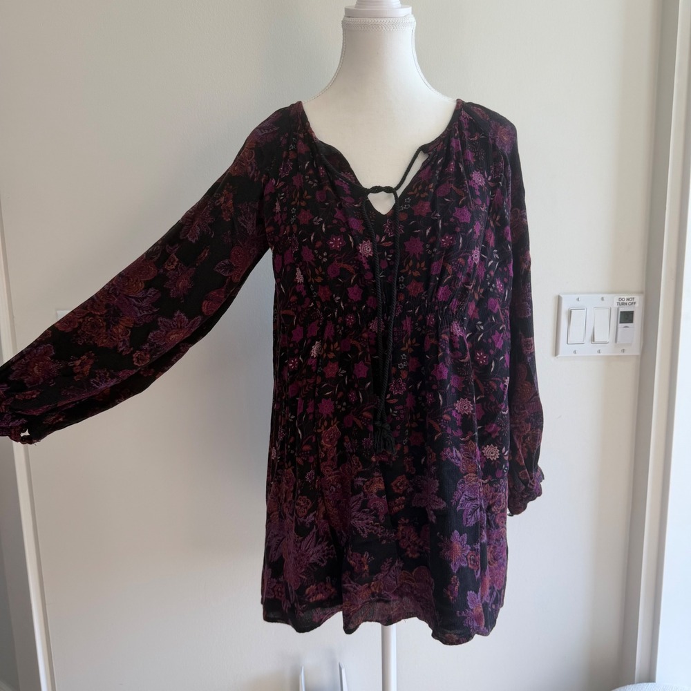 Free People Boho Floral Top Purple Black Romantic Oversized XS